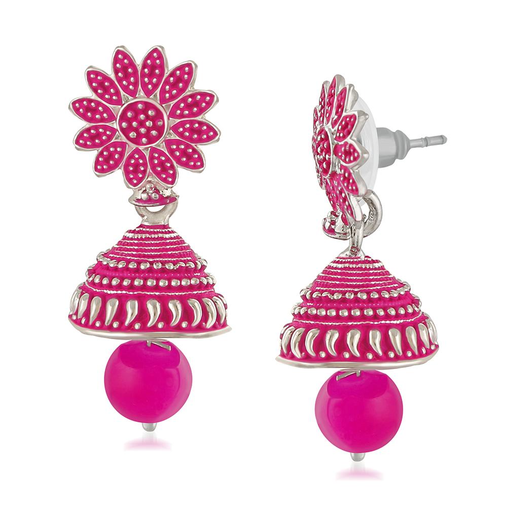 Mahi Meenakari Work Pink Artificial Bead Floral Jhumka Drop Earrings for Women (ER1109686R)