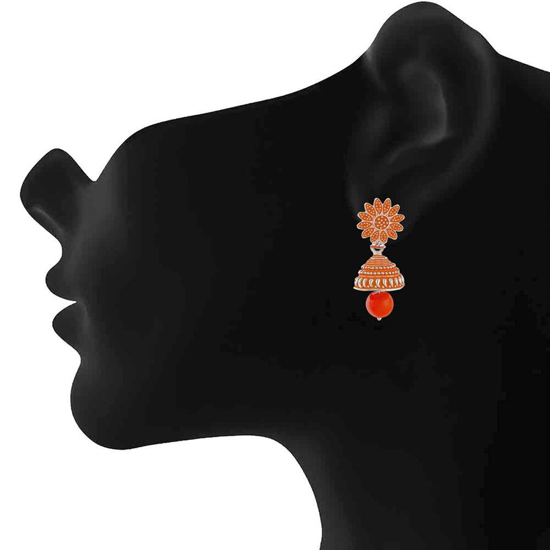 Mahi Meenakari Work Orange Artificial Bead Floral Jhumka Drop Earrings for Women (ER1109688R)