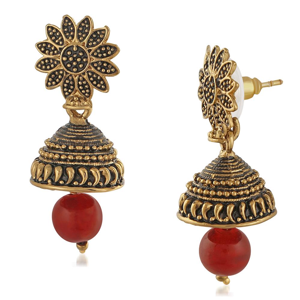 Mahi Meenakari Work Red Artificial Bead Floral Jhumka Drop Earrings for Women (ER1109689G)