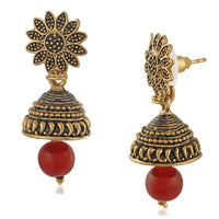Mahi Meenakari Work Red Artificial Bead Floral Jhumka Drop Earrings for Women (ER1109689G)