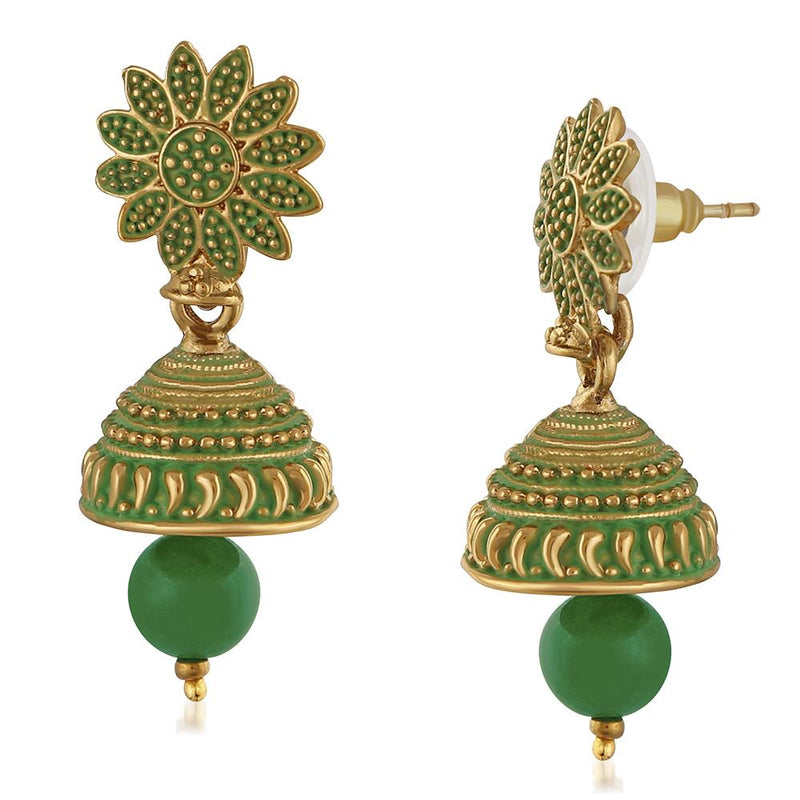 Mahi Meenakari Work Green Artificial Bead Floral Jhumka Drop Earrings for Women (ER1109691G)