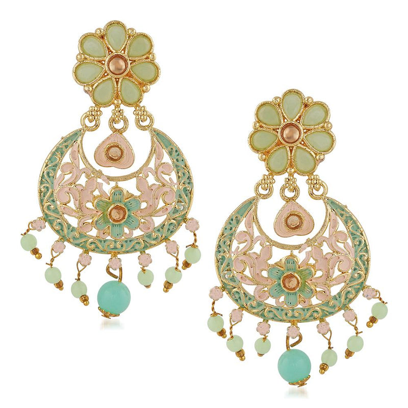 Mahi Meenakari Work Artificial Bead and Crystals Floral Dangle Drop Earrings for Women (ER1109699G)