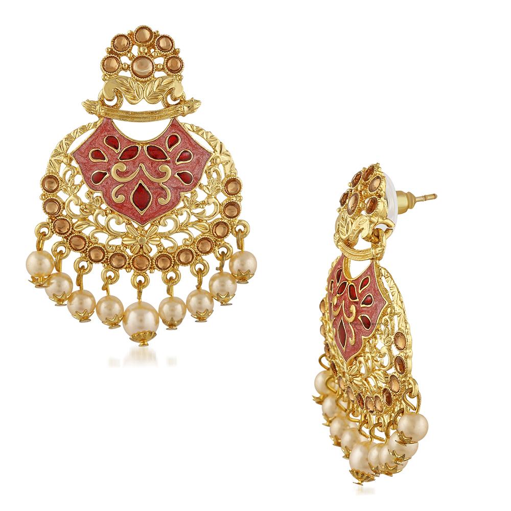 Mahi Traditional Dangler Earrings with Artifical Pearl Red Meenakariwork for Women (ER1109704G)