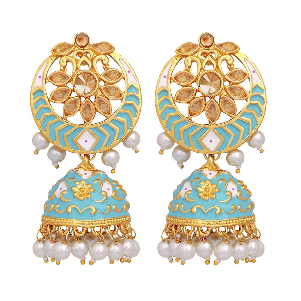 Mahi Blue Meenakari Work Enamelled Artificial Pearl Jhumki Earrings for Women (ER1109708GBlu)