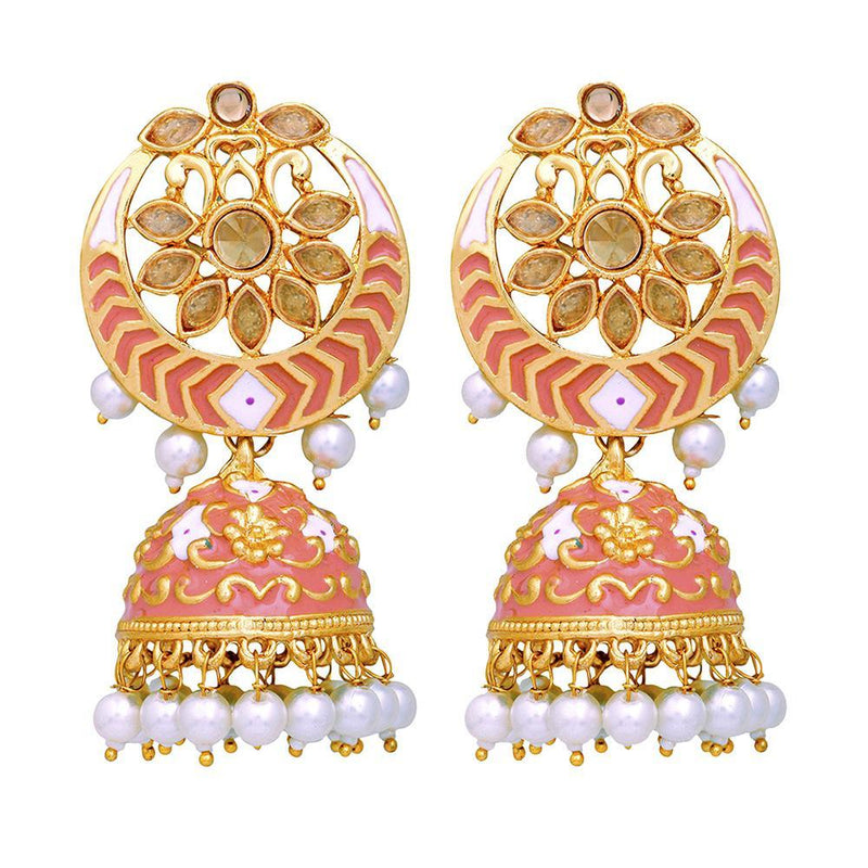 Mahi Carrot Pink Meenakari Work Enamelled Artificial Pearl Jhumki Earrings for Women (ER1109709GCrt)