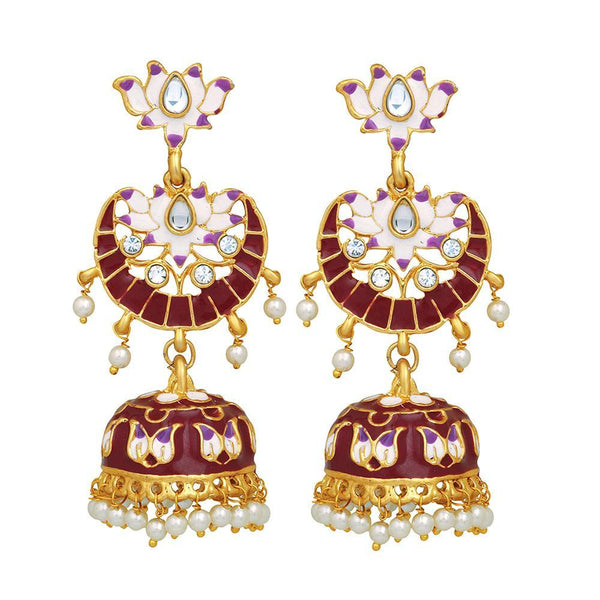 Mahi Maroon Meenakari Work Enamelled Lotus Shaped Artificial Pearl and Crystal Dangle Jhumka Earrings for Women (ER1109710GMrn)