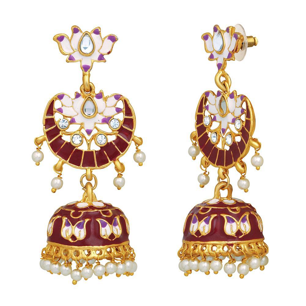 Mahi Maroon Meenakari Work Enamelled Lotus Shaped Artificial Pearl and Crystal Dangle Jhumka Earrings for Women (ER1109710GMrn)