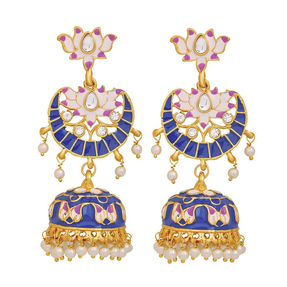 Mahi Blue Meenakari Work Enamelled Lotus Shaped Artificial Pearl and Crystal Dangle Jhumka Earrings for Women (ER1109711GBlu)