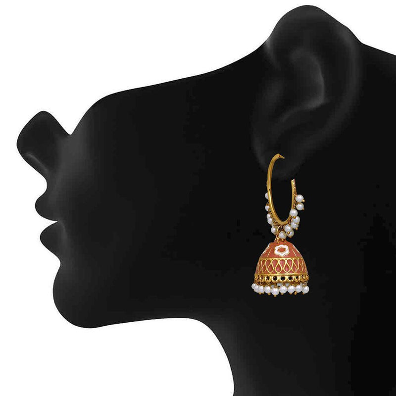 Mahi Orange Meenakari Work Enamelled Artificial Pearl Bali Jhumki Earrings for Women (ER1109718GOrg)
