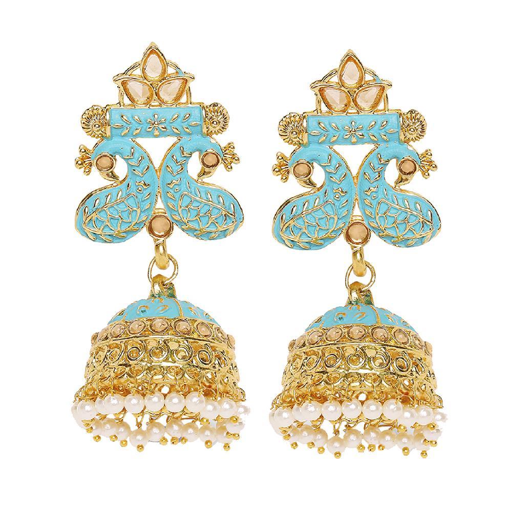 Mahi Traditional Blue Meenakari work Peacock Jhumki Earrings with Artificial Pearls for Women (ER1109724GLBlu)