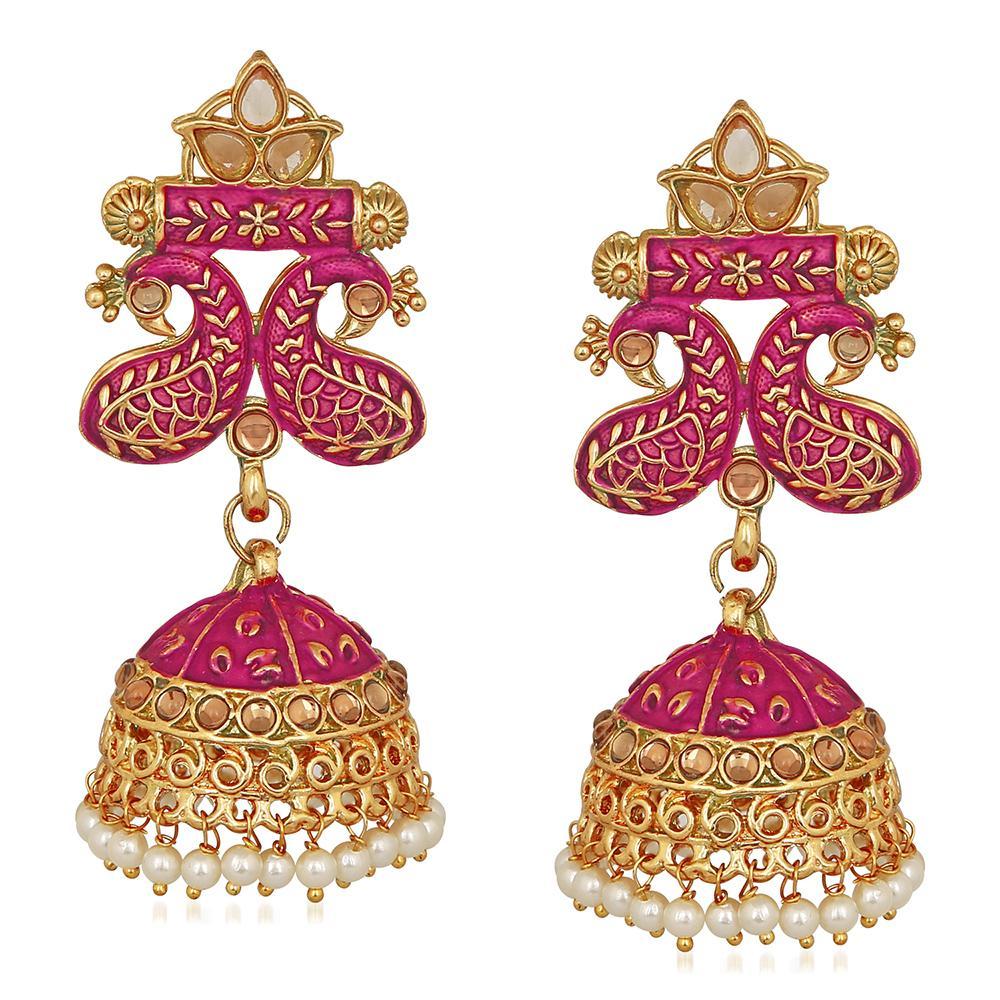 Mahi Traditional Pink Meenakari work Peacock Jhumki Earrings with Artificial Pearls for Women (ER1109726GPin)