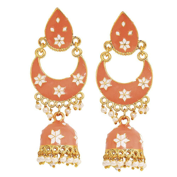 Mahi Traditional Ethnic Carrot Pink Meenakari work Dangler Chandbali Jhumki Earrings with Artificial Pearl for Women (ER1109727GCrt)