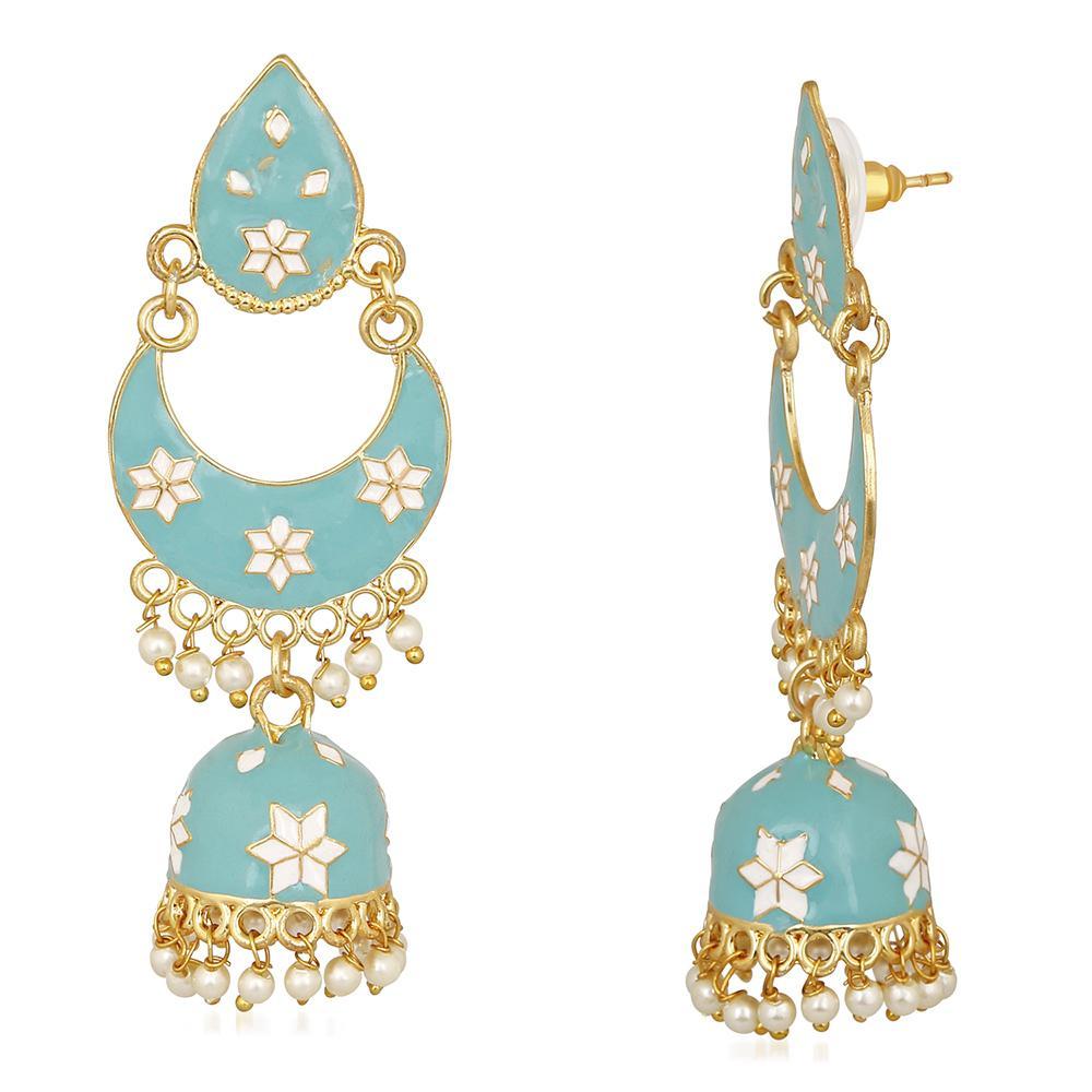 Mahi Traditional Ethnic Blue Meenakari work Dangler Chandbali Jhumki Earrings with Artificial Pearl for Women (ER1109728GLBlu)