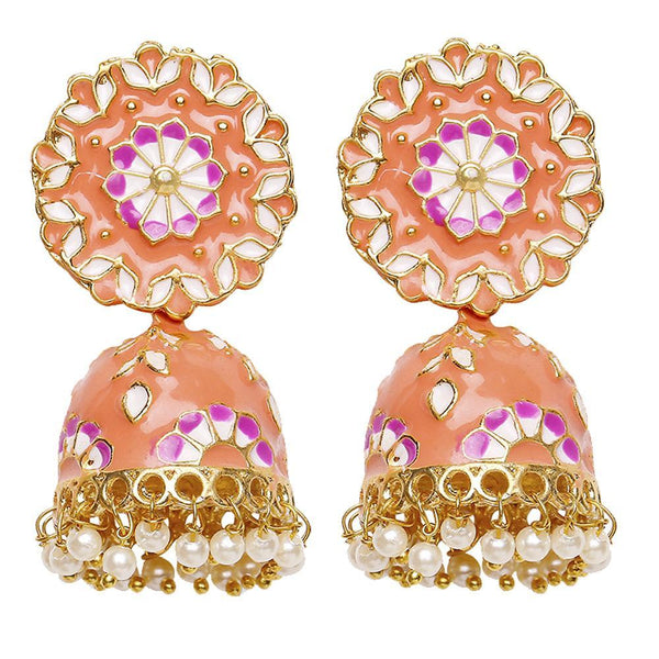 Mahi Carrot Pink Classic Meenakari Enamelled Artificial Pearl Jhumka Earrings for Women (ER1109730GCrt)