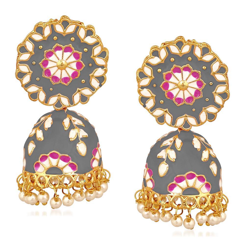 Mahi Grey Classic Meenakari Enamelled Artificial Pearl Jhumka Earrings for Women (ER1109732GGry)