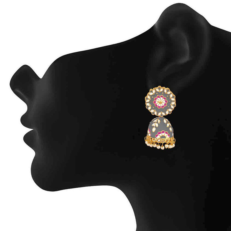 Mahi Grey Classic Meenakari Enamelled Artificial Pearl Jhumka Earrings for Women (ER1109732GGry)