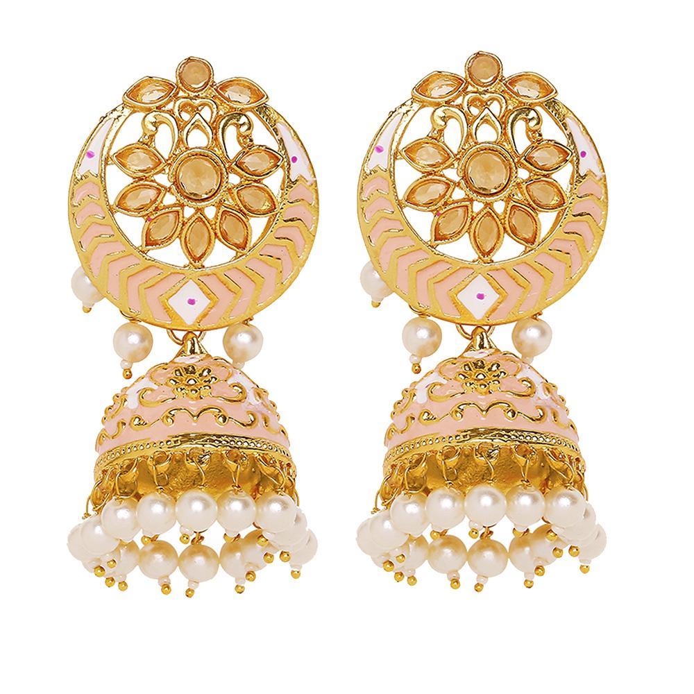 Mahi Pink Meenakari Work Enamelled Artificial Pearl Jhumki Earrings for Women (ER1109737GPin)