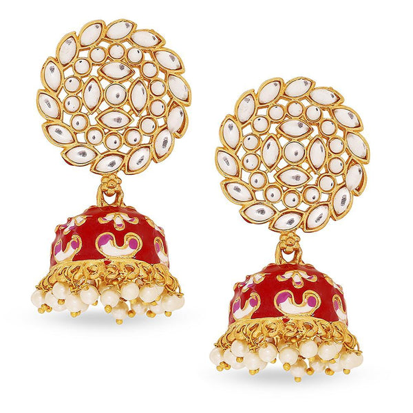 Mahi Red Meenakari Work Enamelled Kundan and Artificial Pearl Jhumki Earrings for Women (ER1109738GRed)