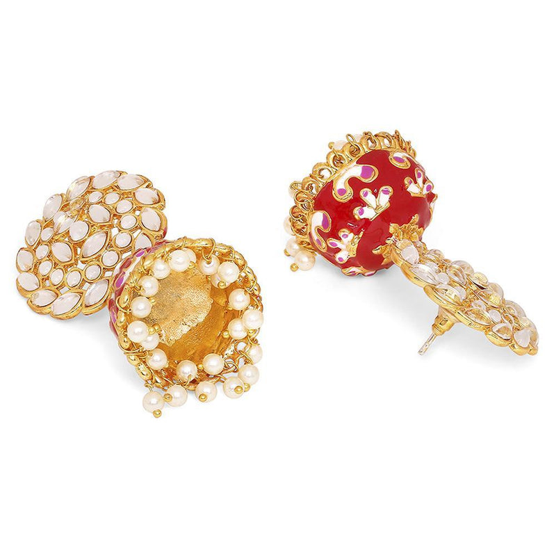 Mahi Red Meenakari Work Enamelled Kundan and Artificial Pearl Jhumki Earrings for Women (ER1109738GRed)