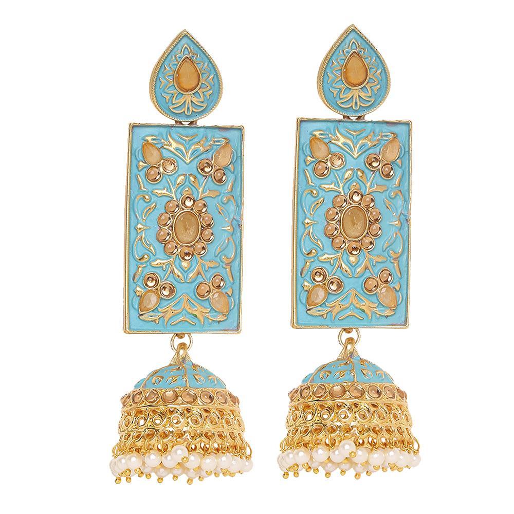 Mahi Light Blue Meenakari Work Enamelled Rectangular Dangle Jhumka Earrings with Artificial Pearl for Women (ER1109741GLBlu)