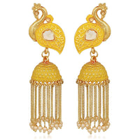 Mahi Yellow Meenakari work Peacock Shaped Tassel Chain Jhumki Earrings with Artificial Pearl for Women (ER1109744GYel)