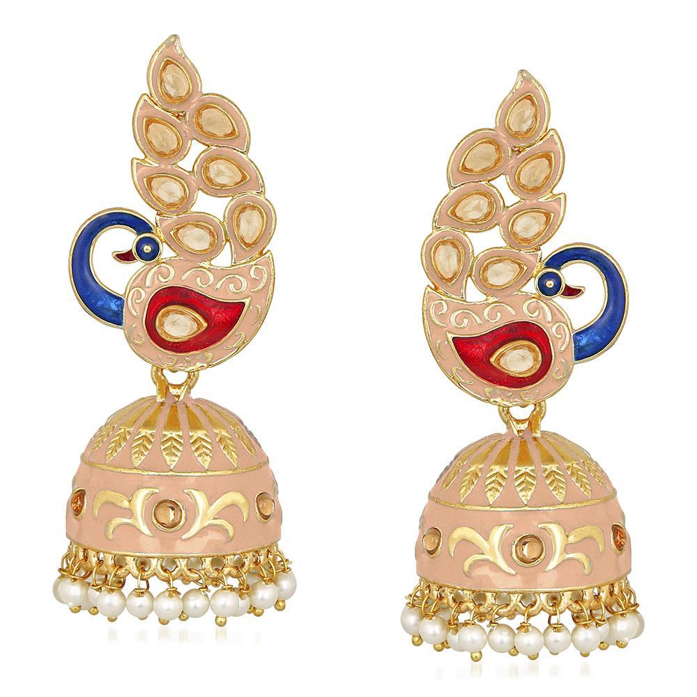 Mahi Traditional Ethnic Pink Meena Peacock Dangle Jumka Earrings with Pearl For Women (ER1109746GPin)