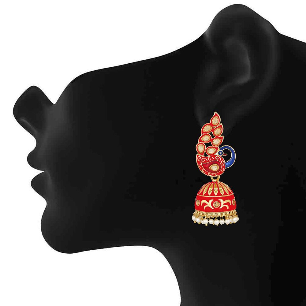 Mahi Traditional Ethnic Red Meena Peacock Dangle Jumka Earrings with Pearl For Women (ER1109748GRed)