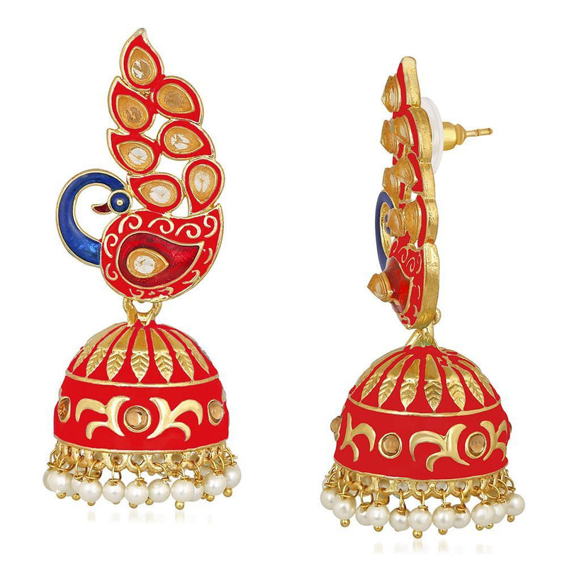 Mahi Traditional Ethnic Red Meena Peacock Dangle Jumka Earrings with Pearl For Women (ER1109748GRed)