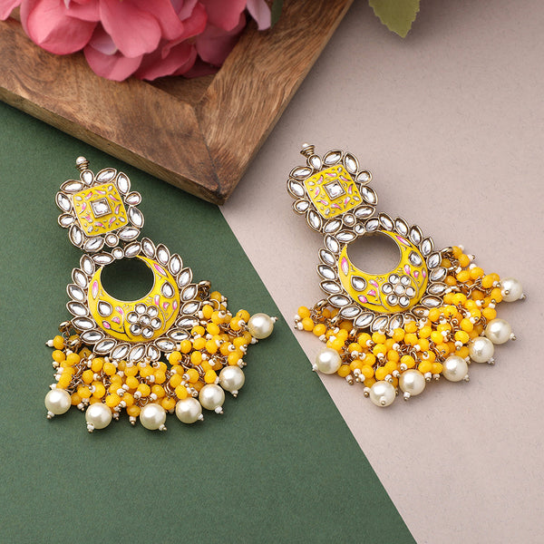 Mahi Yellow Meenakari Work Floral Chandbali Traditional Dangler Earrings with Crystals and Beads for Women (ER11098130GYel)