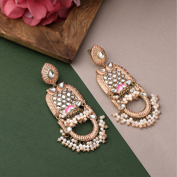 Mahi Light Pink Meena Work Floral Traditional Dangler Jhuma Earrings with Crystals and Beads for Women (ER11098139GLPin)