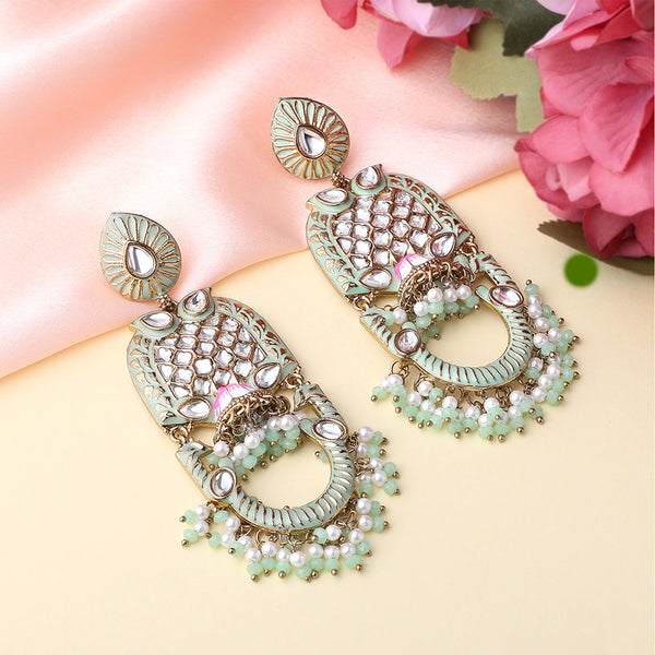 Mahi Green Meena Work Floral Traditional Dangler Jhuma Earrings with Crystals and Beads for Women (ER11098140GGre)
