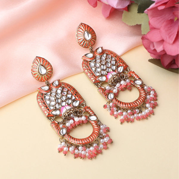 Mahi Orange Meena Work Floral Traditional Dangler Jhumki Earrings with Crystals and Beads for Women (ER11098144GOrg)