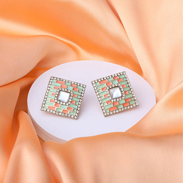 Mahi Squarish Dangler Earrings with Crystals and Light Green and Orange Meenakari Enamel for Women (ER11098146GLgre)