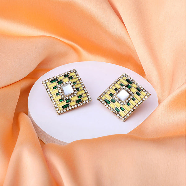 Mahi Squarish Dangler Earrings with Crystals and Yellow and Green Meenakari Enamel for Women (ER11098147GYel)