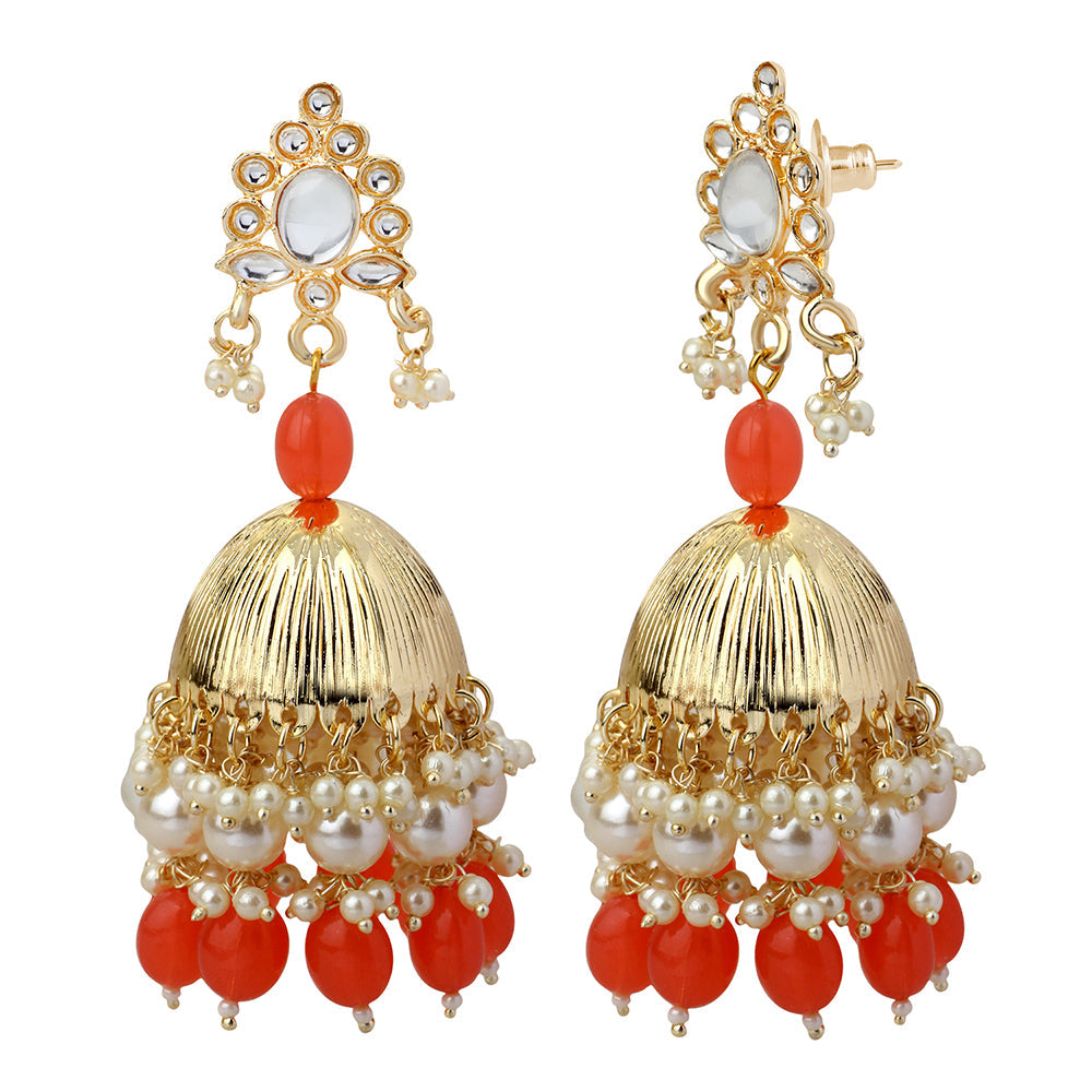 Mahi Gold Plated Orange and White Artificial Pearls Traditiol Indian Jhumka Earring for Women (ER1109815GOrg)