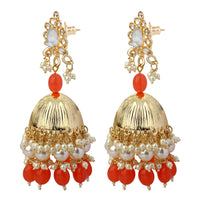 Mahi Gold Plated Orange and White Artificial Pearls Traditiol Indian Jhumka Earring for Women (ER1109815GOrg)