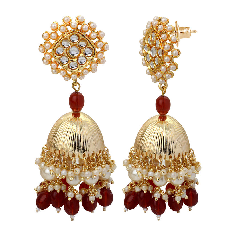 Mahi Gold Plated Maroon and White Artificial Pearls Indian Traditiol Ethnic Jhumka Earring for Women (ER1109817GMar)