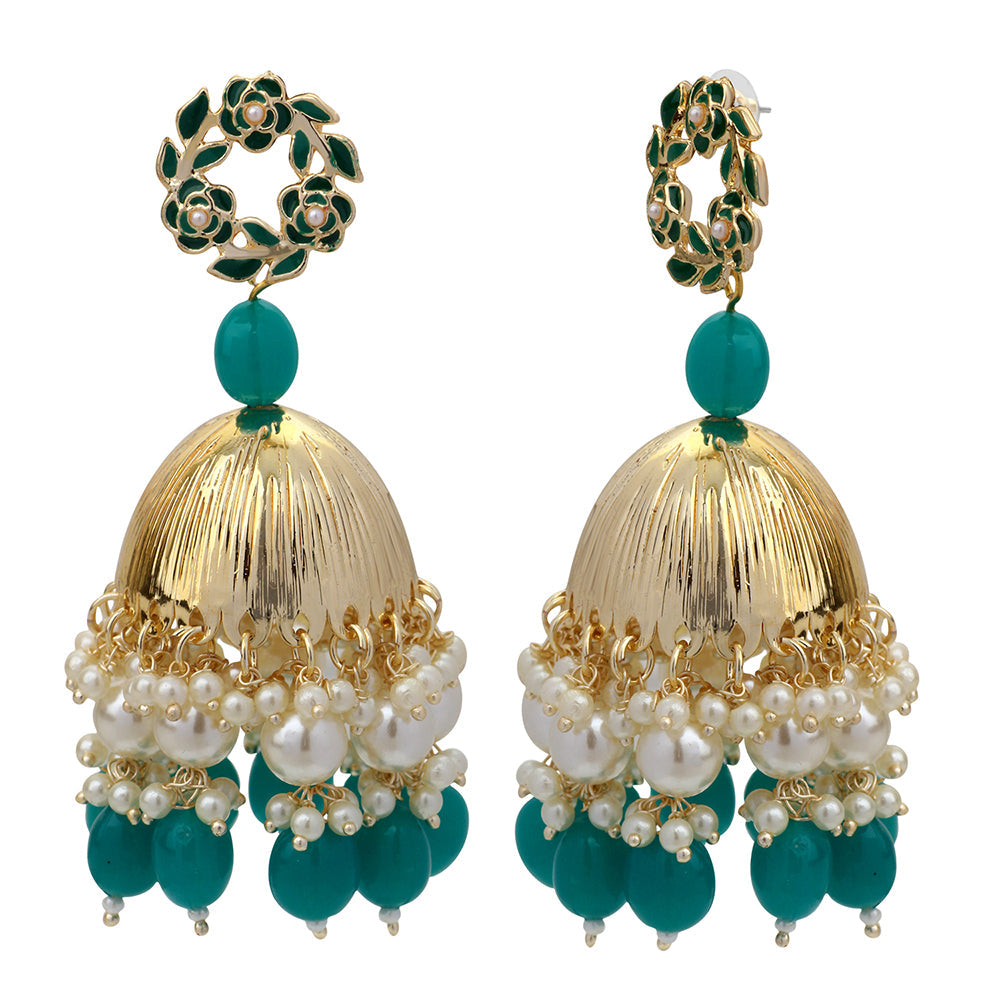 Mahi Beautifully Dark Green Emelled Pearl Drop Ethnic Floral Jhumka Earring for Women (ER1109819GDGre)