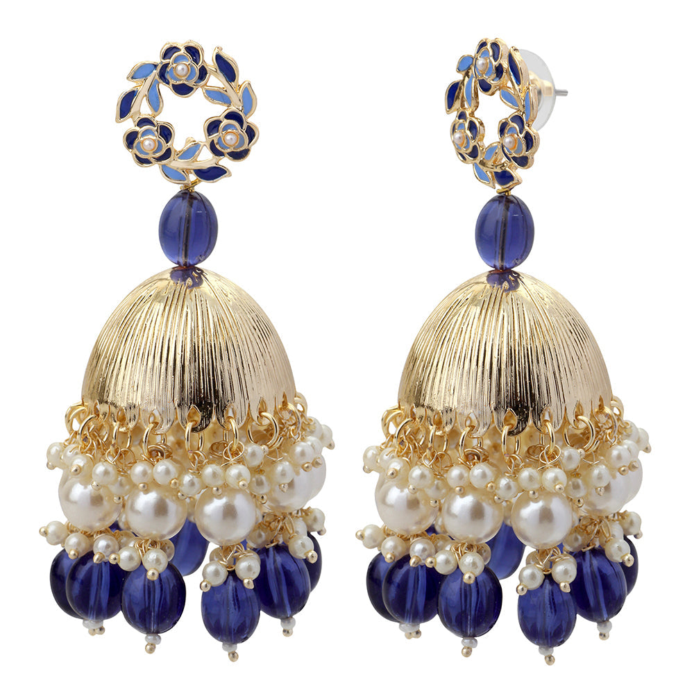 Mahi Beautifully Dark Blue Emelled Pearl Drop Ethnic Floral Jhumka Earring for Women (ER1109820GDBlu)