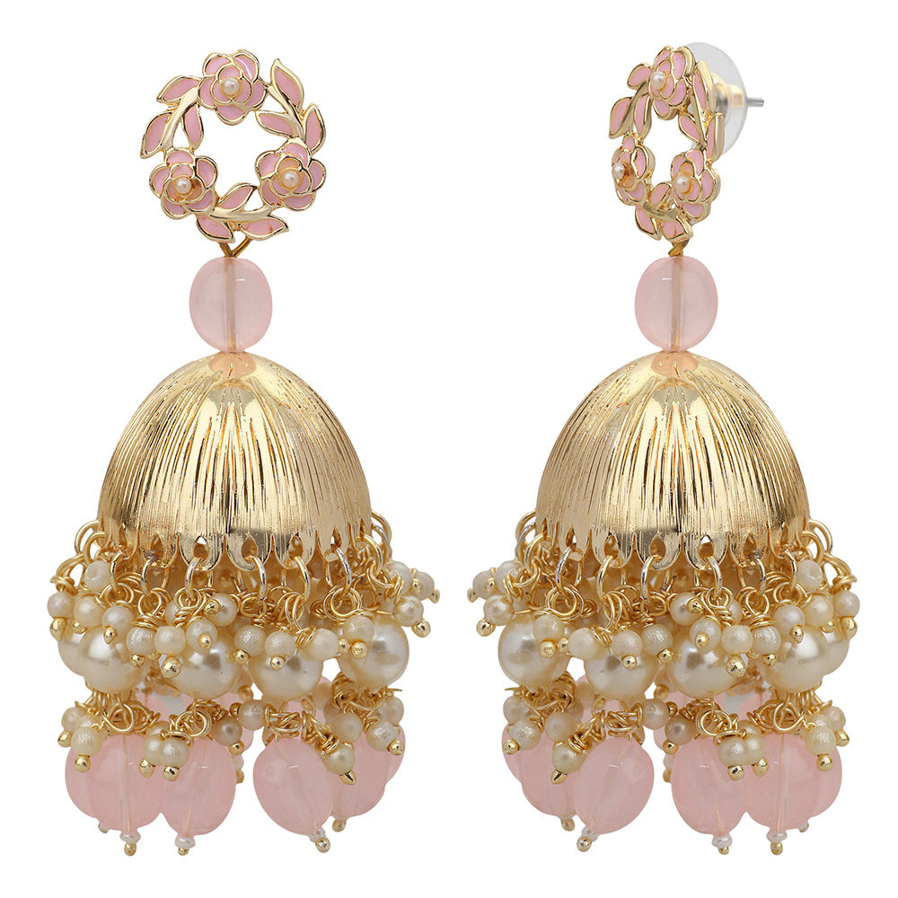 Mahi Beautifully Light Pink Emelled Pearl Drop Ethnic Floral Jhumka Earring for Women (ER1109821GLPin)