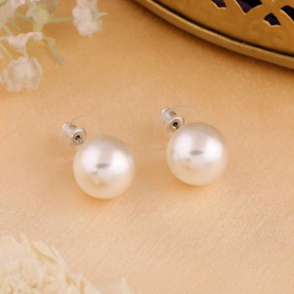 Mahi Rhodium Plated Classic White Artificial Pearl Stud Earrings for Women (ER1109822RWhi_12mm)