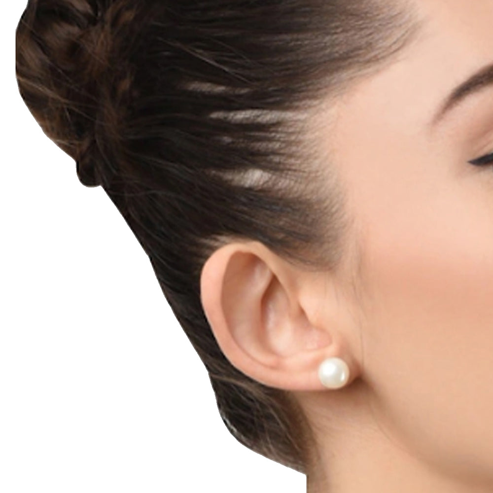 Mahi Rhodium Plated Classic White Artificial Pearl Stud Earrings for Women (ER1109822RWhi_12mm)