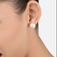 Mahi Rhodium Plated Classic White Artificial Pearl Stud Earrings for Women (ER1109822RWhi_14mm)