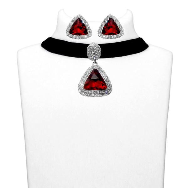 Jeweljunk Red Stone Silver Plated Choker Necklace Set - 1108706B