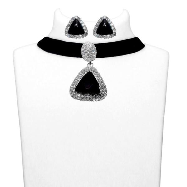 Jeweljunk Black Stone Silver Plated Choker Necklace Set - 1108706C