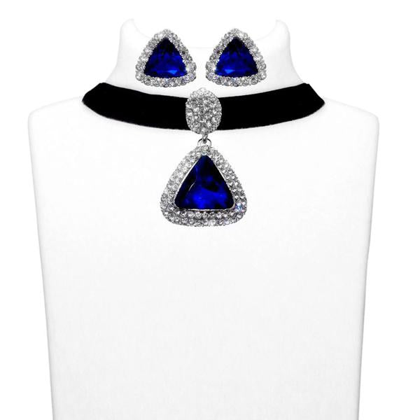 Jeweljunk Blue Stone Silver Plated Choker Necklace Set - 1108706D