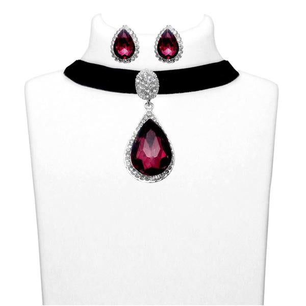 Jeweljunk Purple Stone Silver Plated Choker Necklace Set - 1108707A