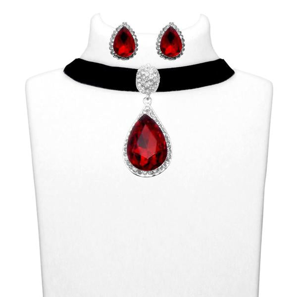 Jeweljunk Red Austrian Stone Choker Necklace Set - 1108707B