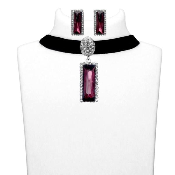 Jeweljunk Purple Stone Silver Plated Choker Necklace Set - 1108708A