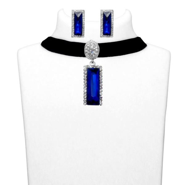 Jeweljunk Blue Stone Silver Plated Choker Necklace Set - 1108708D